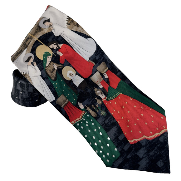 Hallmark Holiday Traditions Men's Neck Tie, Nativity Scene, Black/Red/Green 60" - Picture 1 of 11
